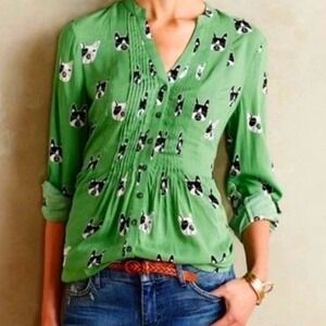 Maeve French Bulldog Print Green Long Sleeve V Neck Button Pin-tuck Boho Top